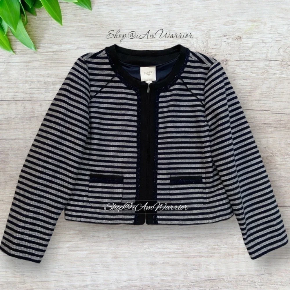 J.Crew navy striped braided trim tweed zip jacket *shop@iamwarrior